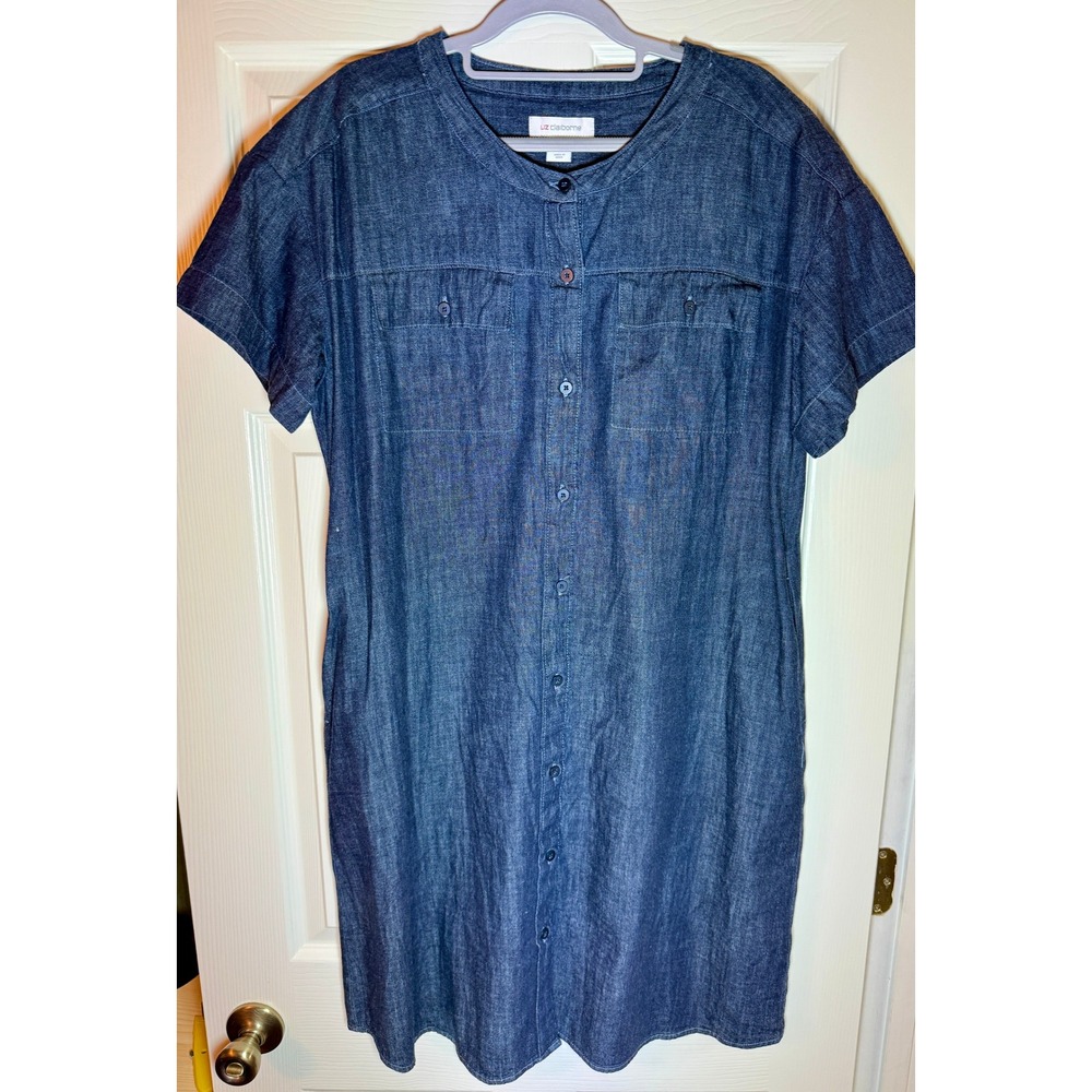 Liz Claiborne Denim Button Down Shirt Dress Blue Large Short Sleeve Pockets